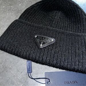 Prada Black Knit Beanie with Logo